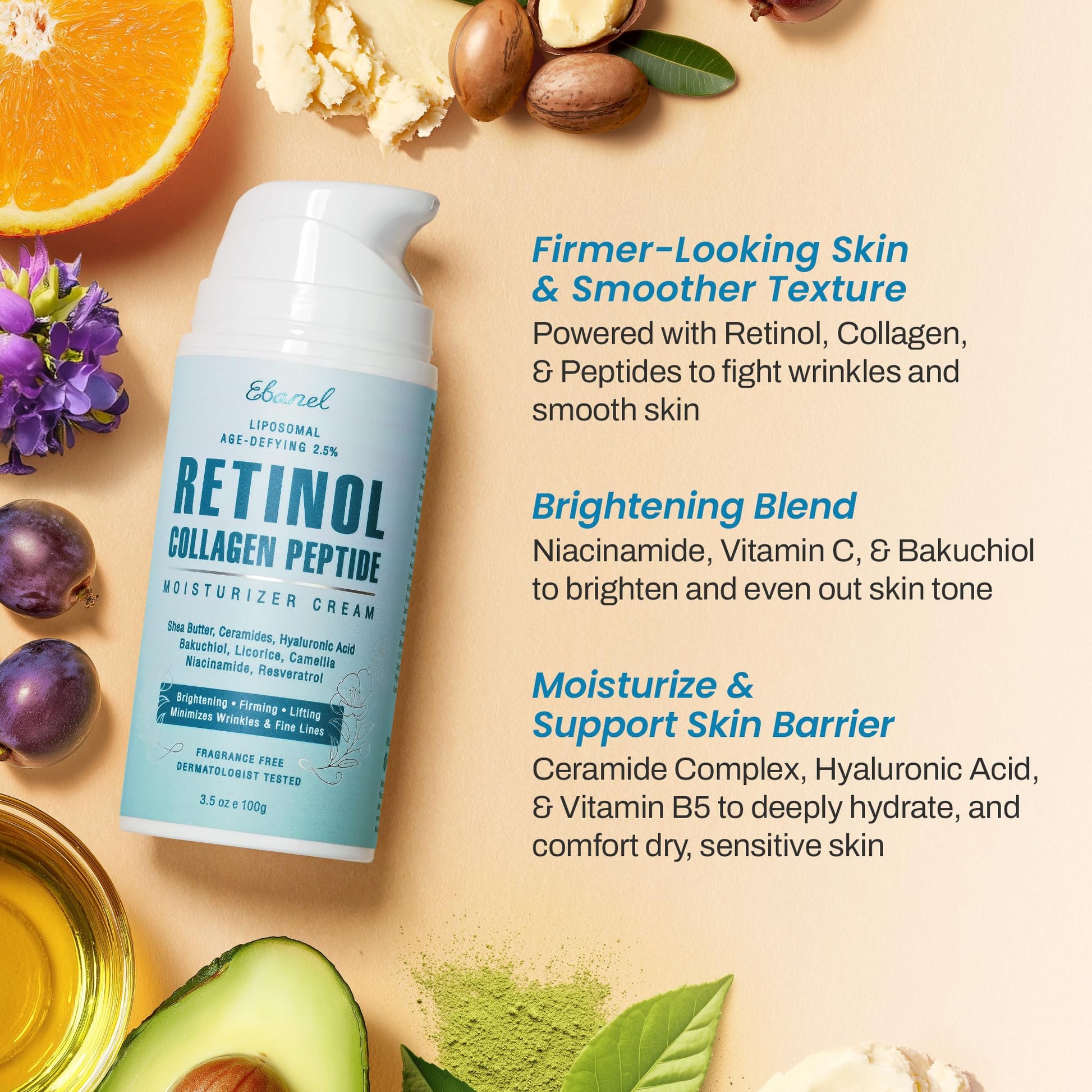 Ebanel Retinol Cream for Face 3.5 oz, Moisturizer with Collagen, Peptides, Ceramides, Hyaluronic Acid, Vitamin C & B5, Firming Anti Aging Face Cream for Wrinkles, Fine Lines, Dark Spots, Day & Night Ebanel buy supplements Au