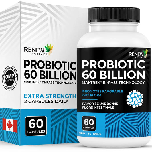 Renew Actives Probiotic Supplement for Digestive Health 60 Billion CFU per 2 Capsules - Advanced Formula with Prebiotic Benefits - Supports Gut Flora Balance & Wellness - Made in Canada - 60 Capsules Renew ActivesBuy Supplements Australia