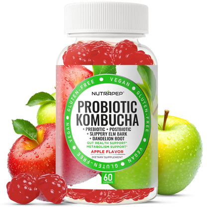 NutraPep Probiotic Kombucha Gummies - Women Men Probiotic Prebiotic Probiotic Blend for Gut Health Bloating Metabolism Support with Slippery Elm Bark Dandelion Root - Vegan Gluten Free Apple Flavor NutraPepBuy Supplements Australia