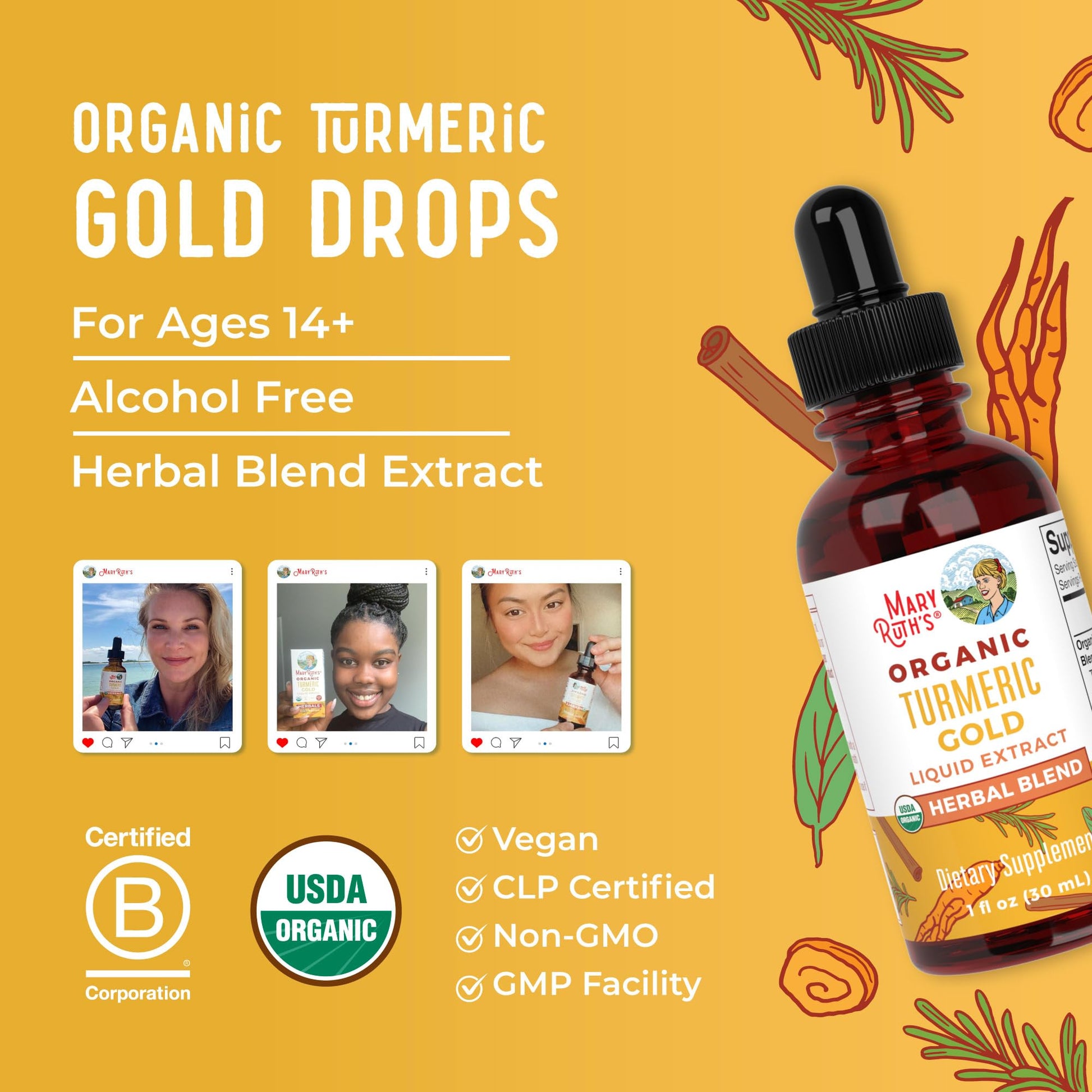 MaryRuth Organics USDA Turmeric Gold Liquid Drops | Herbal Blend | Turmeric Curcumin | Black Pepper | Cassia Cinnamon Bark | Ginger Root | Immune Support | Non-GMO Project Verified | Vegan | 1oz MARYRUTH'SBuy Supplements Australia