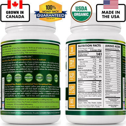SOLO Organic Pea Protein Isolate, Low in Sodium, Canada Grown Peas, 100% Vegan, Non-GMO, Unflavored Plant Based Protein Powder with BCAA, Keto & Paleo Friendly,