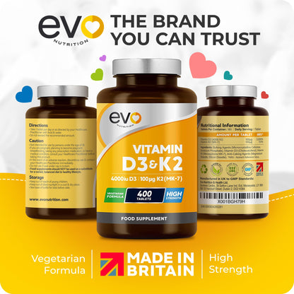 Vitamin D3 4000iu & Vitamin K2 100ug MK7 | 400 Vegetarian Tablets - 1 Year Supply EVO NUTRITIONBuy Supplements Australia