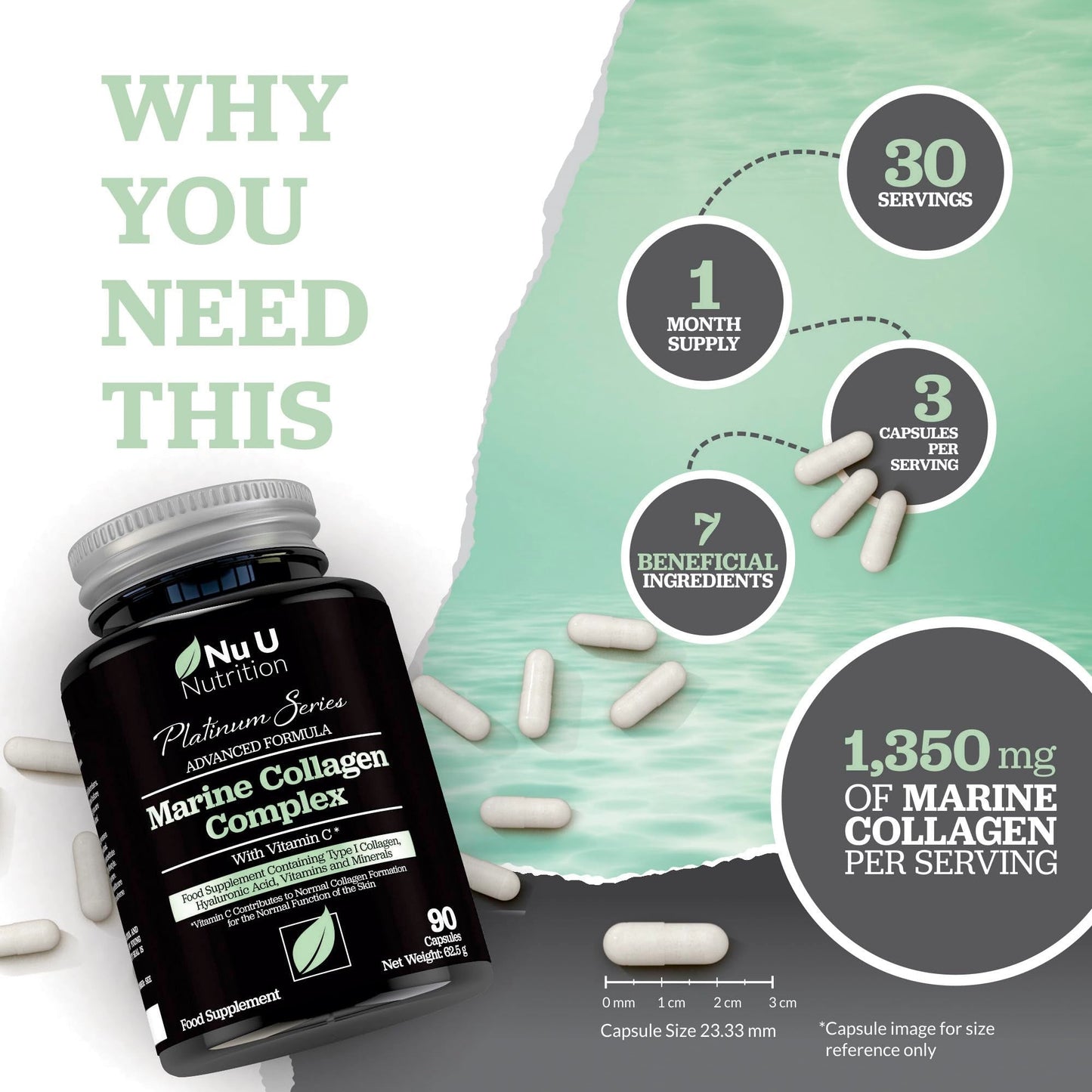 Marine Collagen with Hyaluronic Acid, Vitamin C - 90 Hydrolysed Capsules (not Tablets) - Premium High Strength Collagen Nu U NutritionBuy Supplements Australia