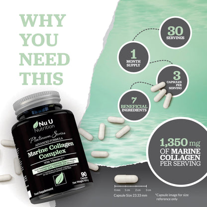 Marine Collagen with Hyaluronic Acid, Vitamin C - 90 Hydrolysed Capsules (not Tablets) - Premium High Strength Collagen Nu U NutritionBuy Supplements Australia