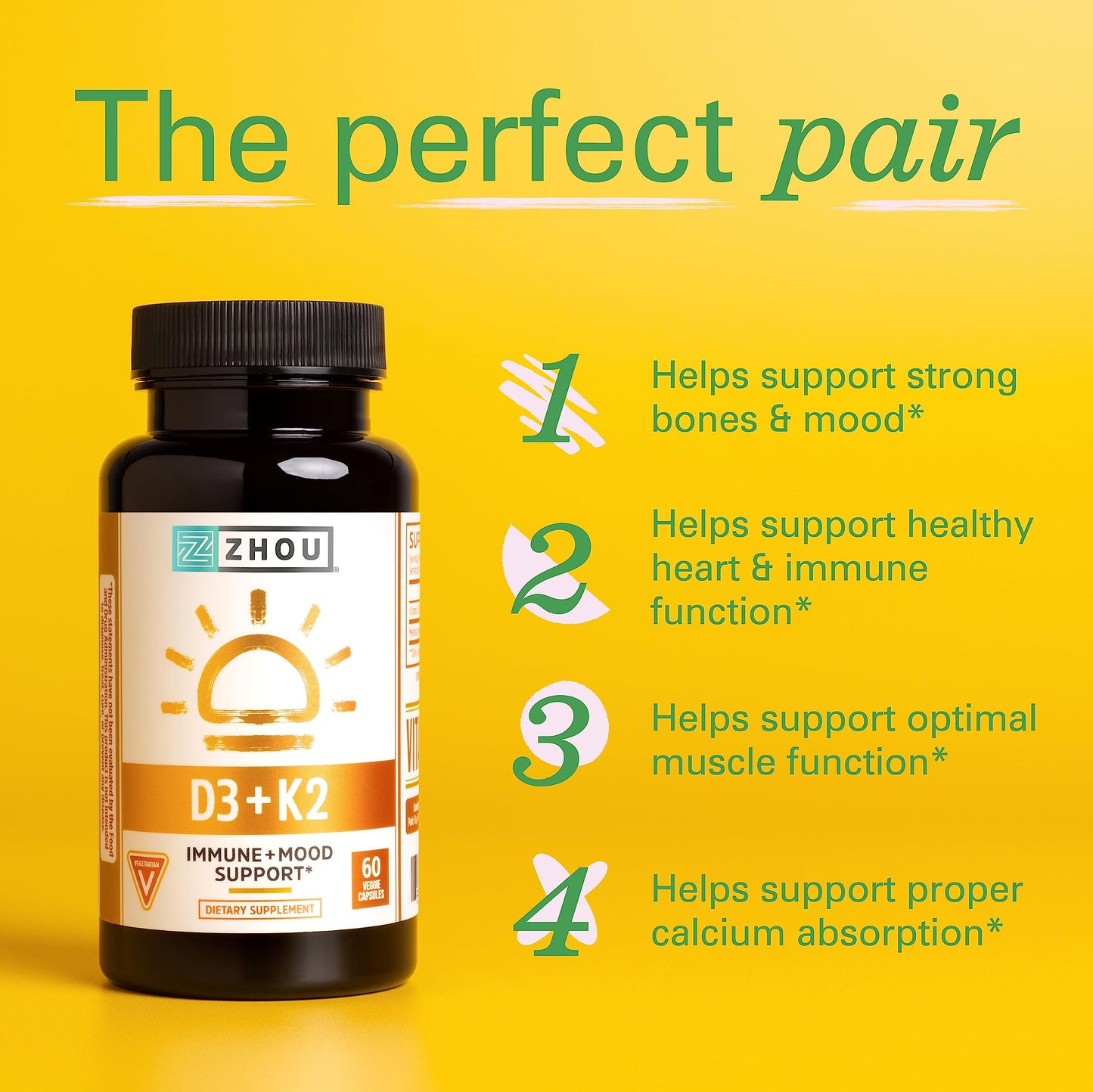 Zhou Nutrition Vitamin D3 K2, Bone and Heart Health Formula 5000 IU Vitamin D3 & 90 mcg Zhou NutritionBuy Supplements Australia
