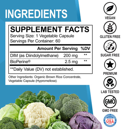 DIM Supplement for Women & Men 200mg - Androgen Estrogen Blocker for Men & Women, Hormonal Acne Pills, Hormone Balance, Menopause Support, Diindolylmethane DIM Supplement Plus BioPerine - 60 Capsules DR. BOBuy Supplements Australia