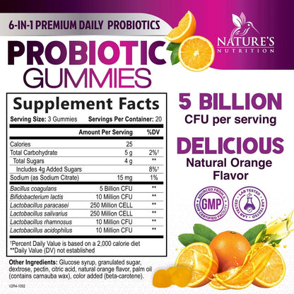 Probiotics for Digestive Health Gummies 5 Billion CFU - 6 Unique Strains for Daily Immune Support & Gut Health, Constipation, Gas & Bloating - Best Probiotic Supplement for Women & Men - 60 Gummies Nature's NutritionBuy Supplements Australia