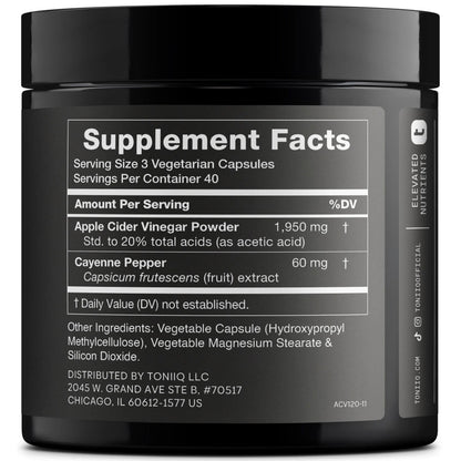 Toniiq Apple Cider Vinegar Capsules - Ultra High Potency 2,010mg Formula with 20% Acetic Acid & Cayenne Pepper - Made with The Mother - Third-Party Lab Tested - 120 Capsules Toniiq buy supplements Au