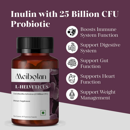 MEIBOTAN L-Helveticus Probiotic Bacteria with 25 Billion CFU for Women & Men, Helps Digestion, Nutrient Absorption and Fight Bad Bacterias - 60 Veggie Capsules