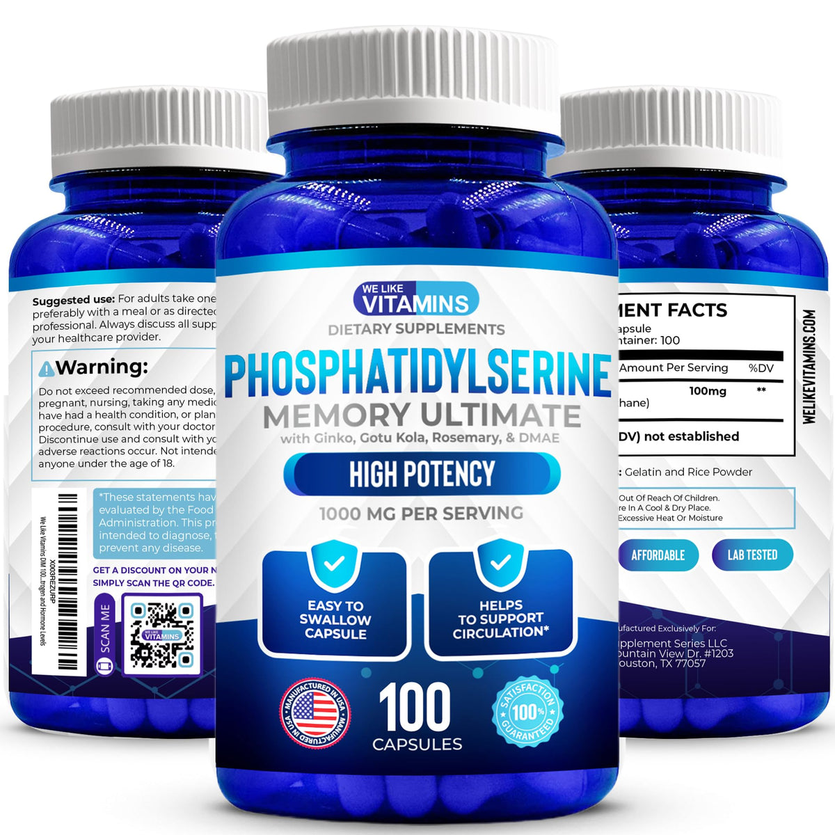We Like Vitamins Phosphatidylserine Supplement with Gingko Biloba, Gotu Kola, DMAE - Improves Focus, Memory, Cognitive Function - Soy-Free 1000mg Memory Ultimate Complex - 100 Easy-to-Swallow Capsules We Like VitaminsBuy Supplements Australia