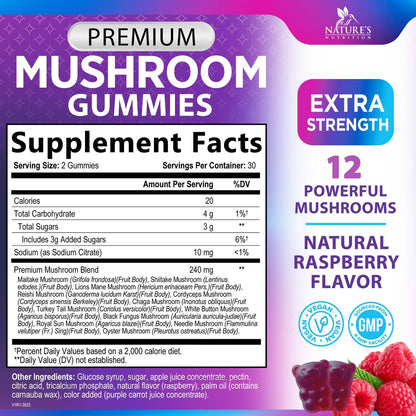 Mushroom Gummies Supplement 12 in 1 - High Grade Blend for Adults with Lions Mane, Reishi, Cordyceps, & Chaga Mushroom Complex Gummy, Memory & Immune Support & Nootropic Brain Supplements - 60 Gummies Nature's NutritionBuy Supplements Australia