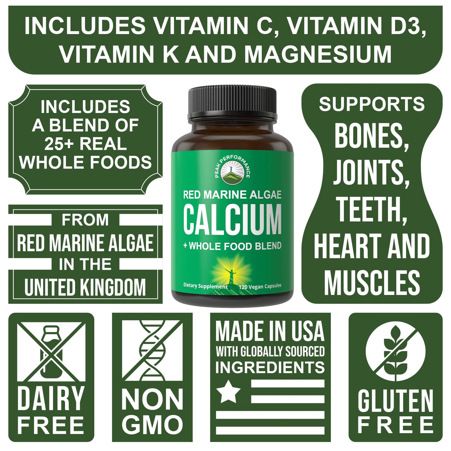 Plant Based Calcium - Red Marine Algae Calcium Supplement with Vitamin C, D3, K, Magnesium, and Whole Food Vegetable Blend. Vegan Capsules for Bones and Joints. 120 Pills, Tablets Peak PerformanceBuy Supplements Australia