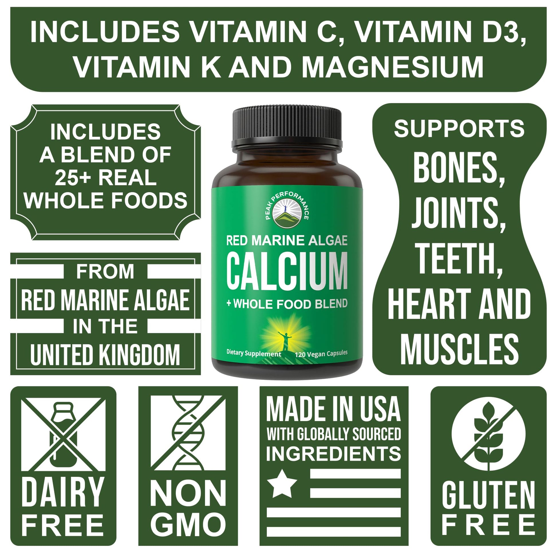 Plant Based Calcium - Red Marine Algae Calcium Supplement with Vitamin C, D3, K, Magnesium, and Whole Food Vegetable Blend. Vegan Capsules for Bones and Joints. 120 Pills, Tablets Peak PerformanceBuy Supplements Australia