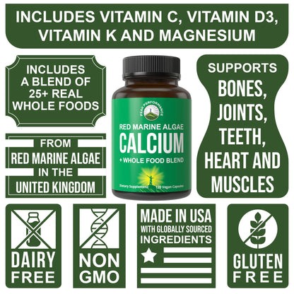 Plant Based Calcium - Red Marine Algae Calcium Supplement with Vitamin C, D3, K, Magnesium, and Whole Food Vegetable Blend. Vegan Capsules for Bones and Joints. 120 Pills, Tablets Peak PerformanceBuy Supplements Australia