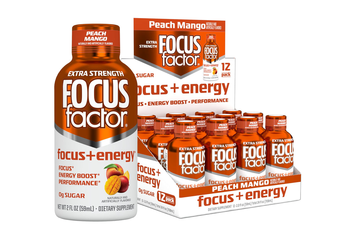 Focus Factor Extra Strength Focus + Energy Shots - 12 x 2oz Bottles (Peach Mango Flavor) - Powered by Nootropics with Caffeine, L-Theanine, Ginkgo, Bacopa, L-Tyrosine, Alpha GPC Focus FactorBuy Supplements Australia