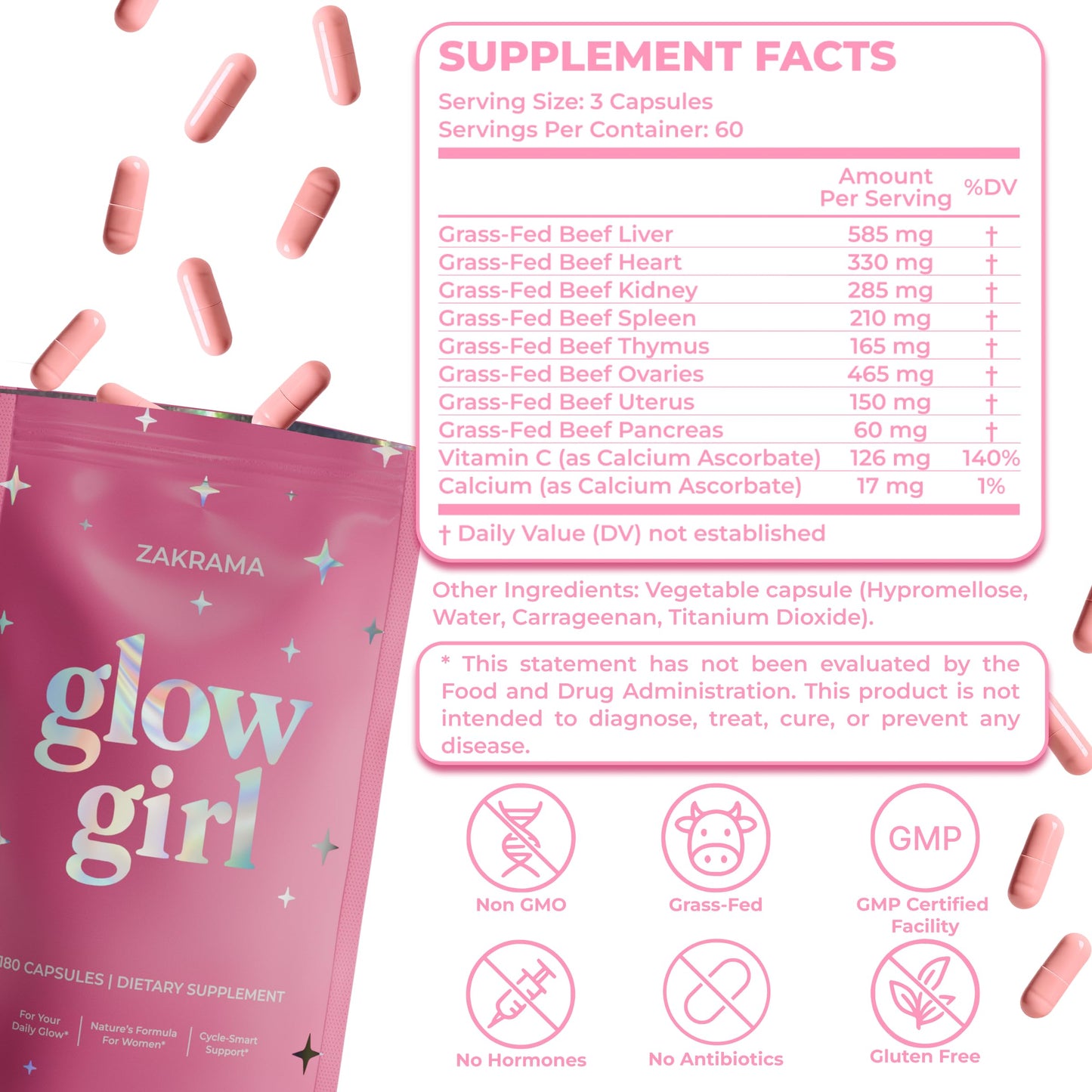 Beef Organ Supplement for Women – Grass-Fed Beef Liver, Ovary, Uterus & Organ Complex for Hormone Balance, Energy & PMS Support – Pasture-Raised + Vitamin C – 180 Capsules | Glow Girl | Zakrama ZakramaBuy Supplements Australia