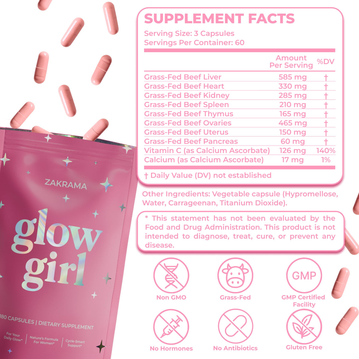 Beef Organ Supplement for Women – Grass-Fed Beef Liver, Ovary, Uterus & Organ Complex for Hormone Balance, Energy & PMS Support – Pasture-Raised + Vitamin C – 180 Capsules | Glow Girl | Zakrama ZakramaBuy Supplements Australia