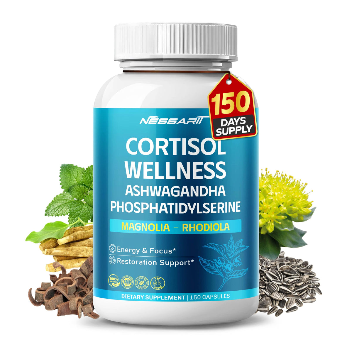 CORTISOL Wellness Ashwagandha 14-in-1 Natural Blend with Phosphatidylserine Magnolia Rhodiola St. John's Wort Peppermint Bacopa - 150 Count NESSARITBuy Supplements Australia