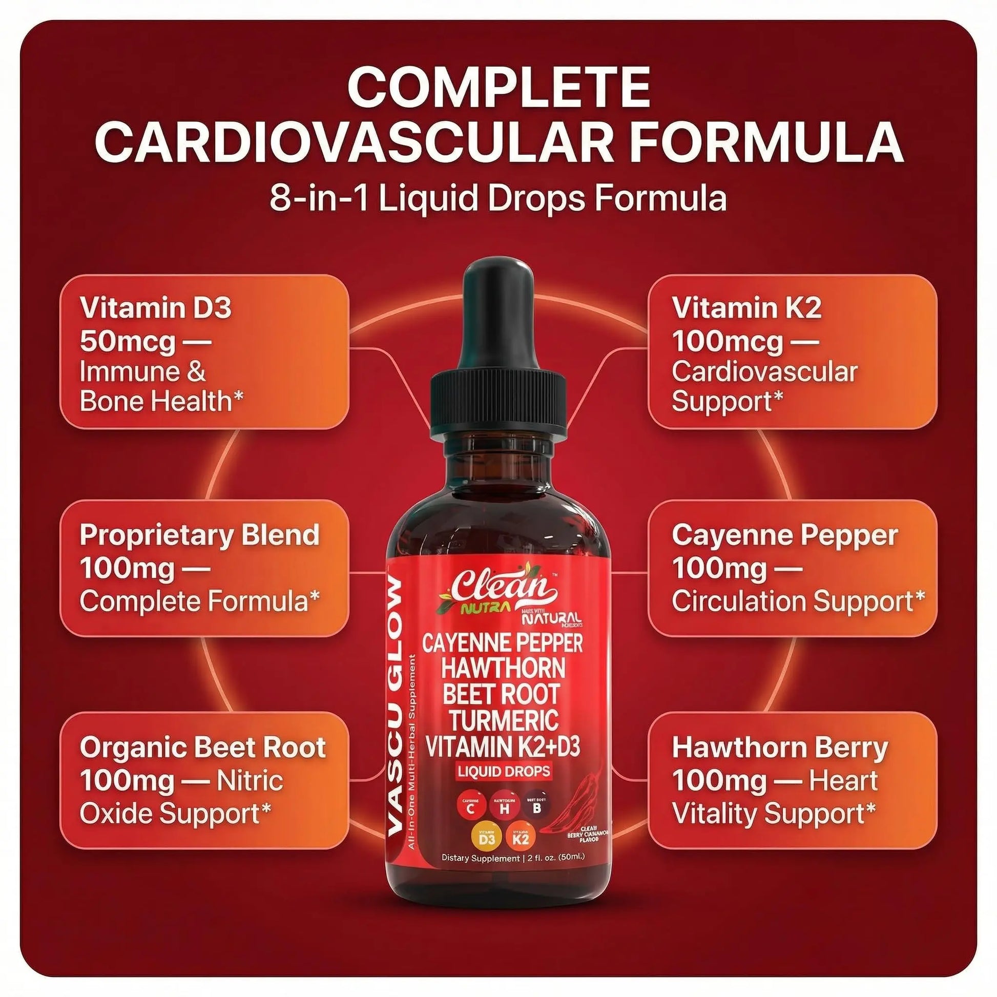 Clean Nutra Cayenne Pepper Drops Supplement Liquid + Hawthorn Berry, Vitamin D3 K2 Beet Root Powder, Ceylon Cinnamon, Turmeric Curcumin Clean Nutraceuticals canada supplements