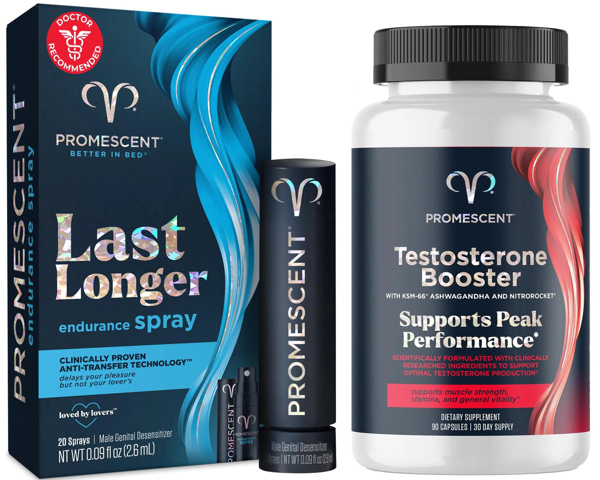 Promescent Desensitizing Delay Spray for Men Clinically Proven to Help You Last Longer in Bed, Prolong Climax for Him, 2.6 ml + Testosterone Booster for Men Supplement with KSM-66 Ashwagandha Promescent buy supplements Au
