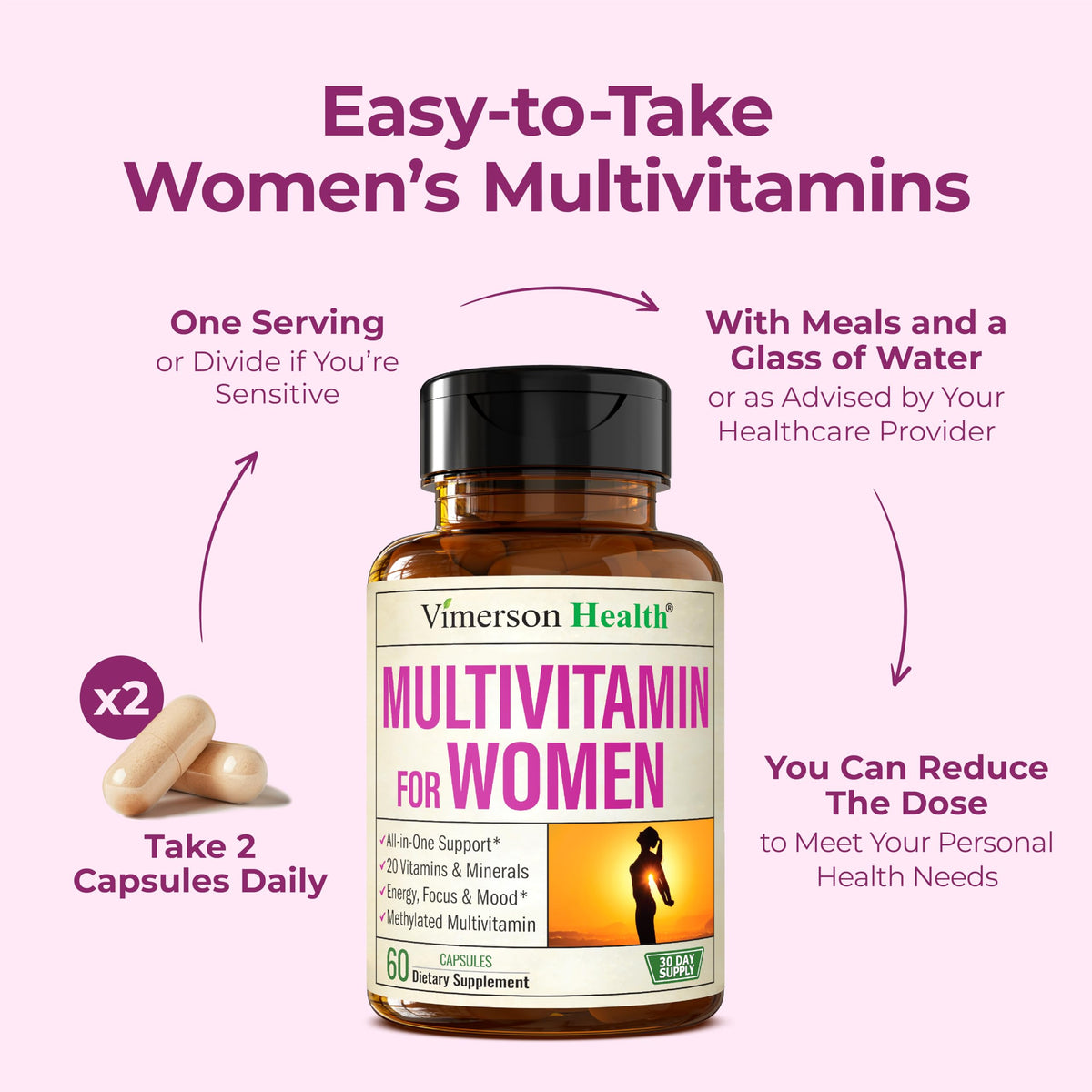 Methylated Multivitamin for Women w/Bioavailable Vitamins, Chelated Minerals, Vitamin D, B12, C, A & Zinc for Energy, Focus and Immune Health Vimerson HealthBuy Supplements Australia