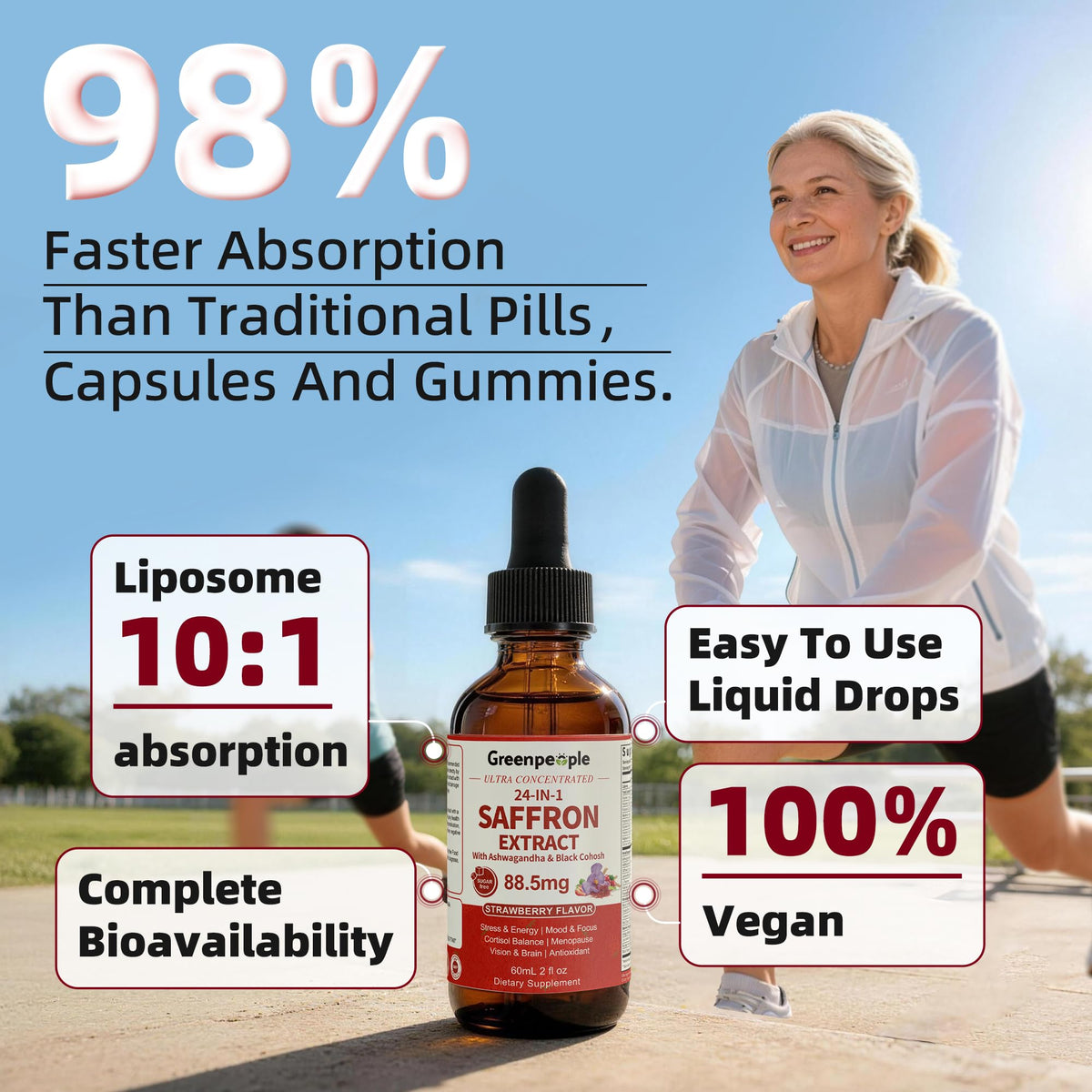 GREENPEOPLE Saffron Extract Supplements Drop - 24-in-1 88.5mg Saffron Extract with Ashwagandha,Black Cohosh & Lion's Mane for Mood&Focus,Stress Relief,Cortisol Reducer,Menopause – Vegan 2FL OZ GREENPEOPLEBuy Supplements Australia