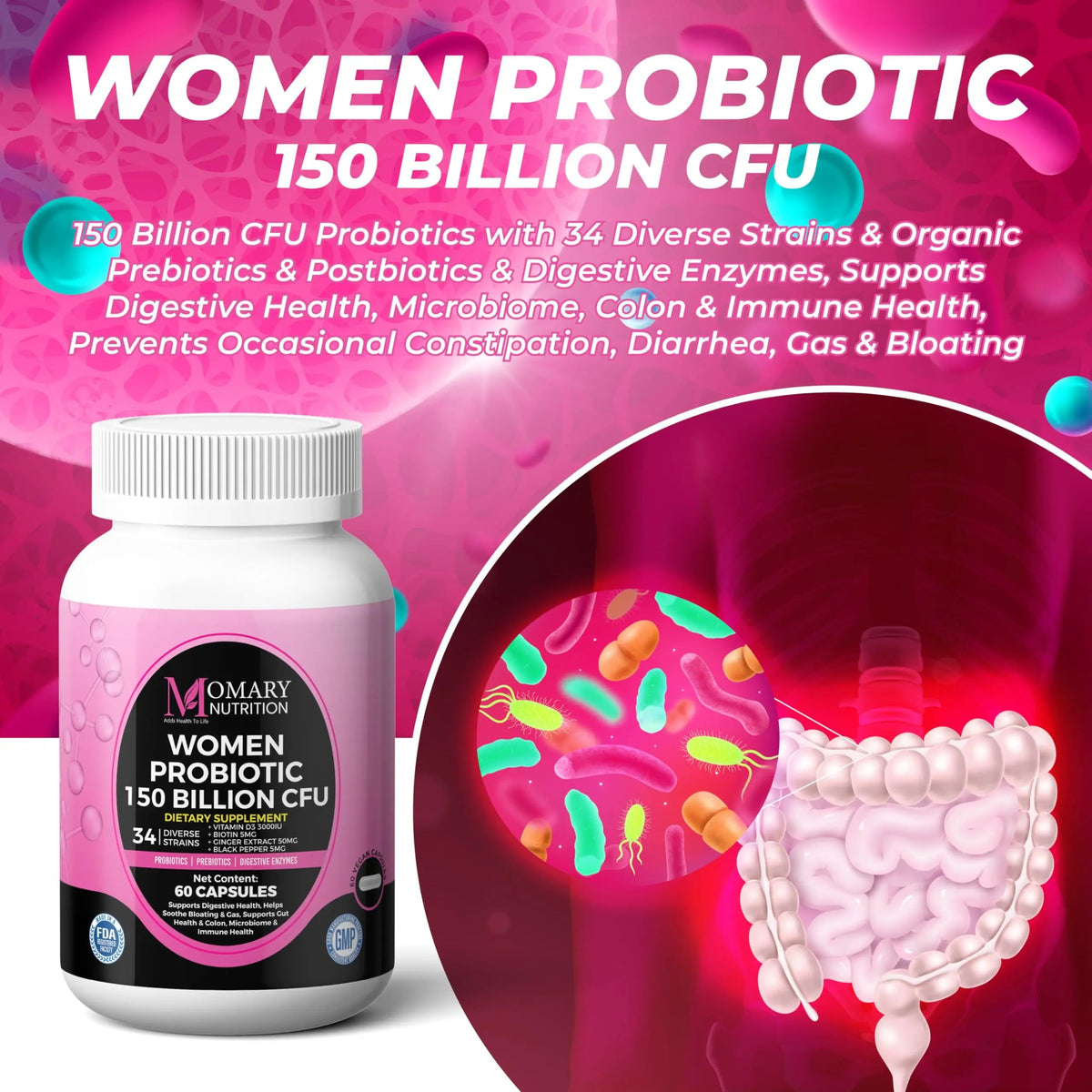 9-in-1 Bio Cultures Complex for Women – 150 Billion CFU Probiotics with 34 Diverse Strains, Organic Prebiotics, Postbiotics, Digestive Enzymes & Biotin – Supports Digestive Balance & Gut Microbiome MOMARY NUTRITIONBuy Supplements Australia