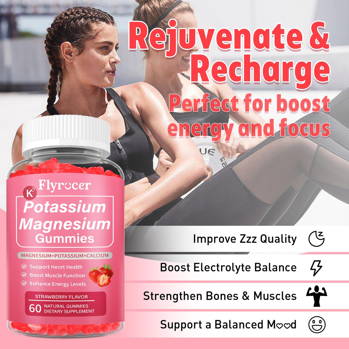2 Pack Potassium Magnesium Gummies for Men & Women, Potassium Magnesium Supplement for Leg Cramps, Muscle Health, & Electrolyte Balance, Strawberry Flavor, 120 Gummies FlyrocerBuy Supplements Australia