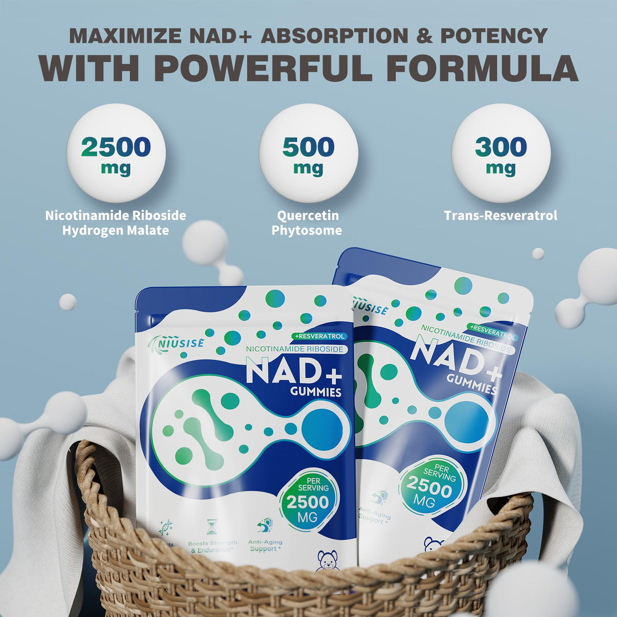 NIUSISE NAD Gummies Sugar Free, NAD+ Supplement with Liposomal Nicotinamide Riboside, Resveratrol, Quercetin, NAD Supplement for Anti-Aging, Energy, Cellular Health, Blueberry Flavor, 60 Gummies NIUSISEBuy Supplements Australia