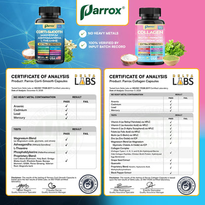 Parrox Shining Serenity Set, Cortisol Support with Ashwagandha, L-Theanine, Magnesium, Lions Mane, GABA, Bacopa Monnieri, Collagen I, II, III, V, X, Folate, Biotin, Keratin, Hyaluronic Acid, Quercetin ParroxBuy Supplements Australia