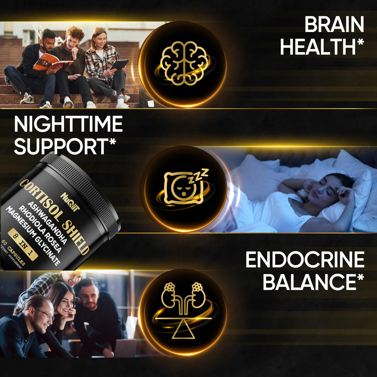 8in1 Cortisol Shield - Ashwagandha and Magnesium, Rhodiola Rosea, Lions Mane, Sea Moss, Turmeric, St Jonh's Wort - Mind& Mood Balance, Rest Well, Support Immume - 60 Capsules NUQIITBuy Supplements Australia