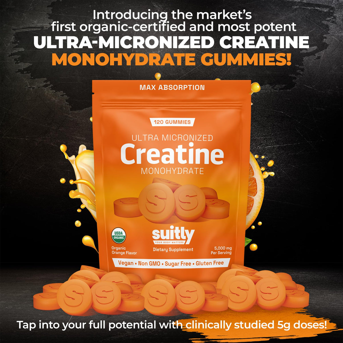 USDA Organic Ultra-Micronized Creatine Gummies for Men & Women; Orange Max Absorption 5g Creatine Gummies Sugar Free for Muscle Gain, Energy & Recovery; Muscle Builder for Women with Pouch - 120 Count SuitlyBuy Supplements Australia