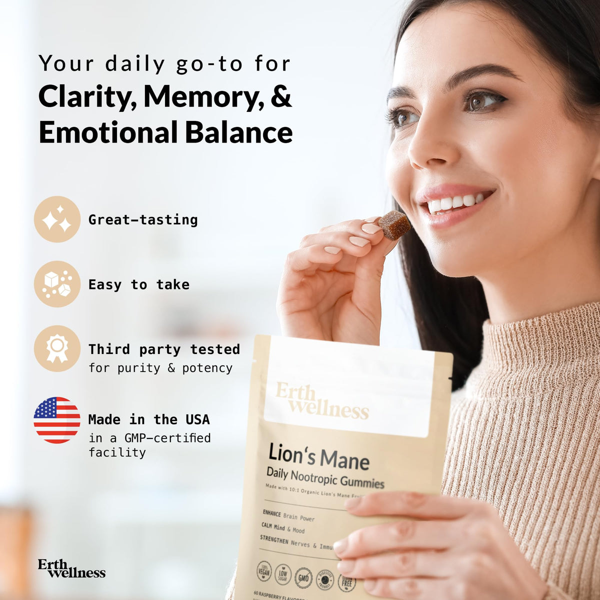 Erth Wellness Lion’s Mane Mushroom Gummies – 10,000mg Fruiting Body Extract per Serving – Brain & Focus Support – Daily Nootropic – Vegan, Low Sugar, Non-GMO – 60 Ct Erth WellnessBuy Supplements Australia