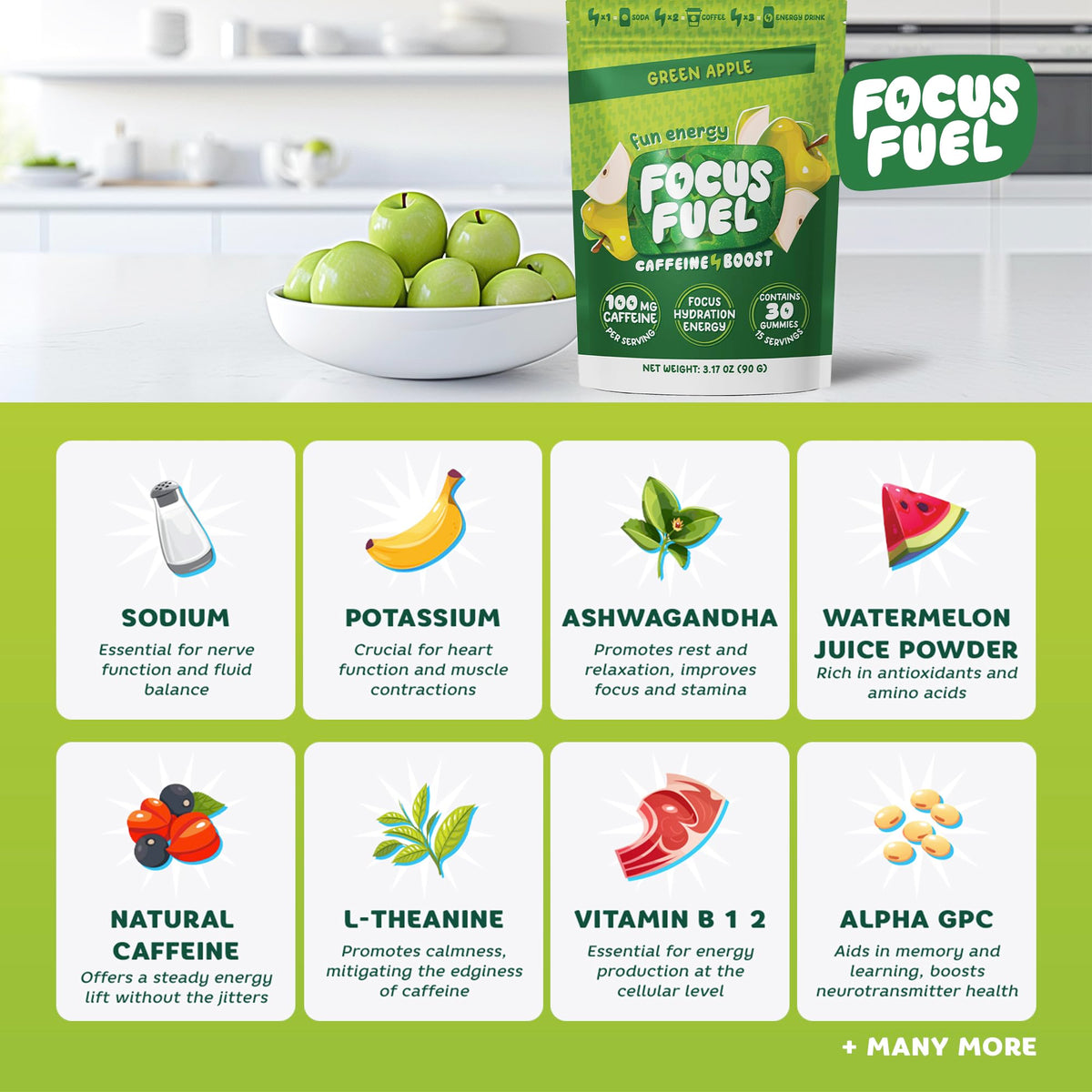 FocusFuel Energy Chews – Green Apple Flavor (15 Servings) – 100mg Caffeine + B12, Magnesium, Alpha GPC – Boost Focus & Energy – No Crash or Jitters FocusFuelBuy Supplements Australia