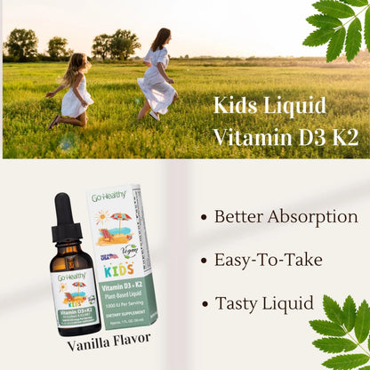 Go Healthy Kids Vitamins D3 K2 (MK-7), Child Vitamin D, Liquid Vegan D3 K2 Drops for Kids Go Healthy Natural