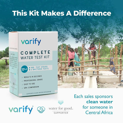 Varify 17in1 Complete Drinking Water Test Kit - 100 Strips + 2 Bacteria Tester Kits - Well, Tap, Home, City Water Testing Strip for Lead, Alkaline, Chlorine, Hardness, Iron, Fluoride, Copper & More VARIFYBuy Supplements Australia