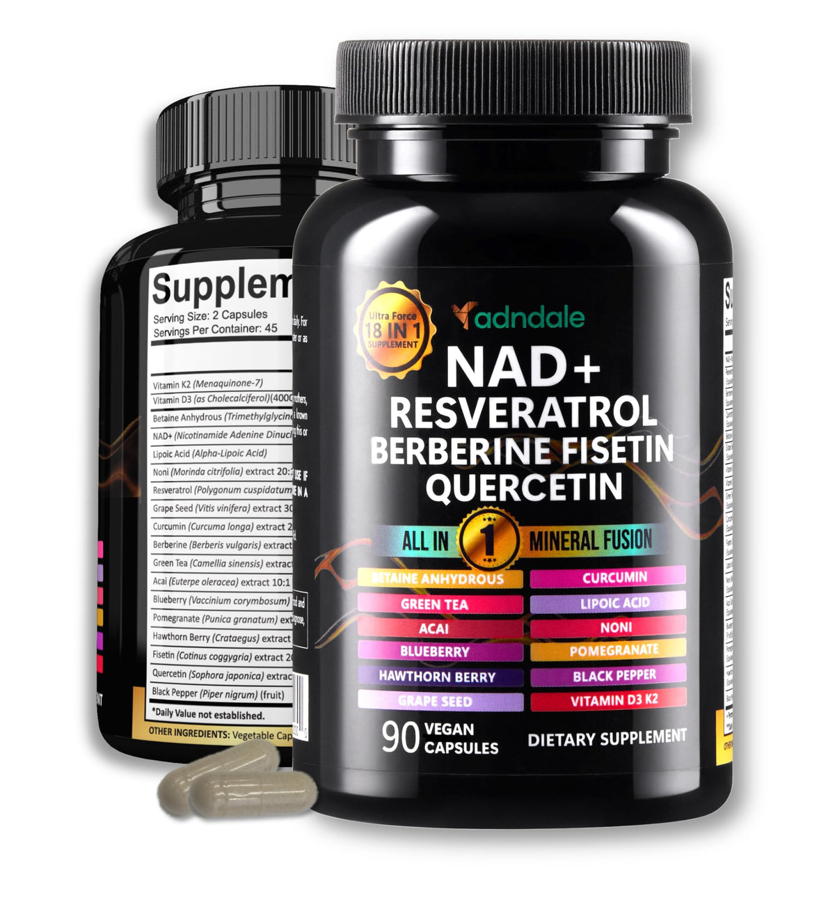 Two bottles of Adnuale NAD+ supplement with visible ingredients on a white background