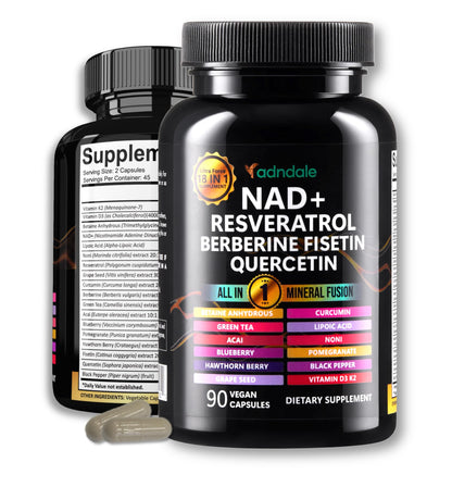 Two bottles of Adnuale NAD+ supplement with visible ingredients on a white background
