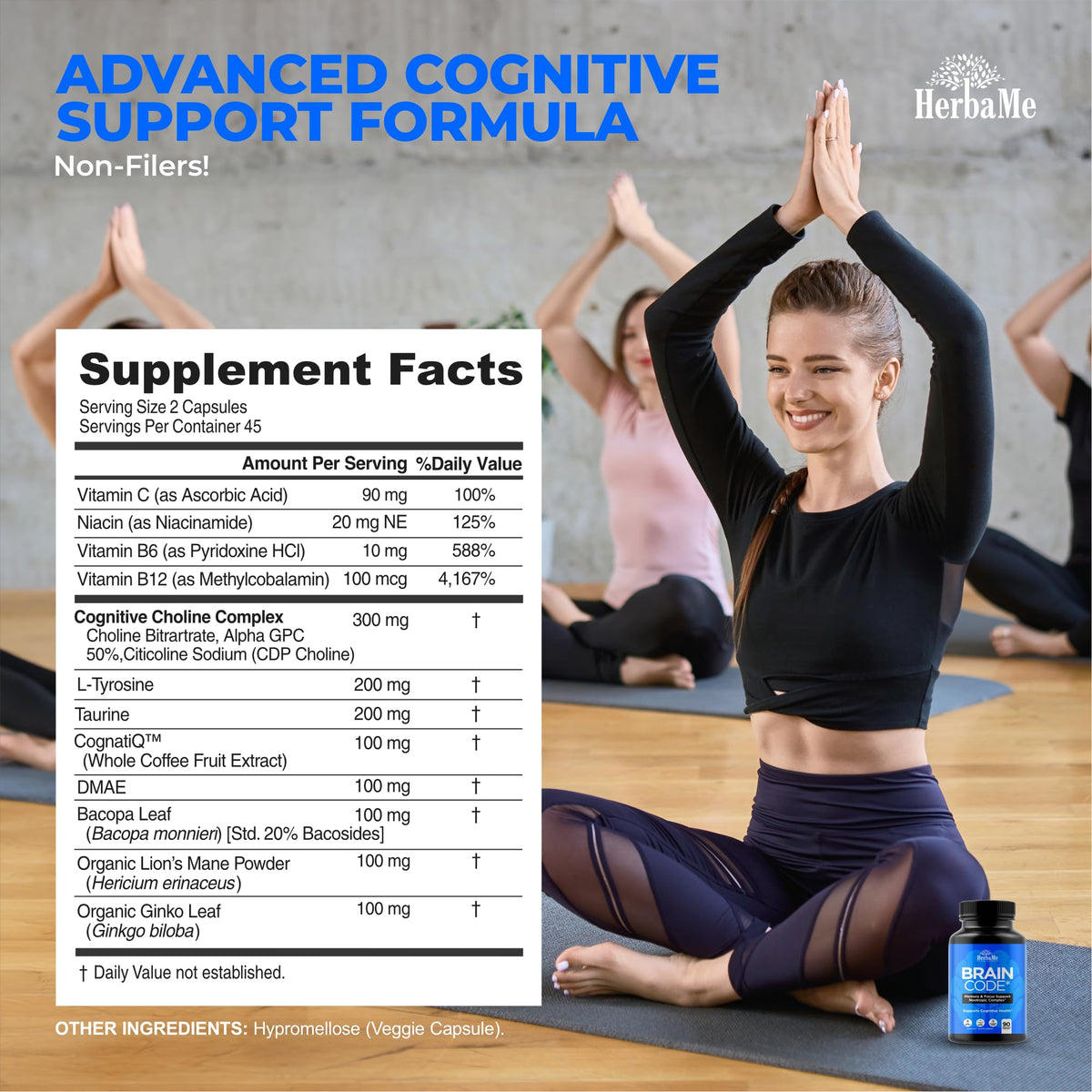 HerbaMe Brain Code Nootropic Brain Supplement for Memory and Focus | Supports Cognitive Health & Mental Clarity, Enhance Concentration | 90 Capsules HerbaMeBuy Supplements Australia