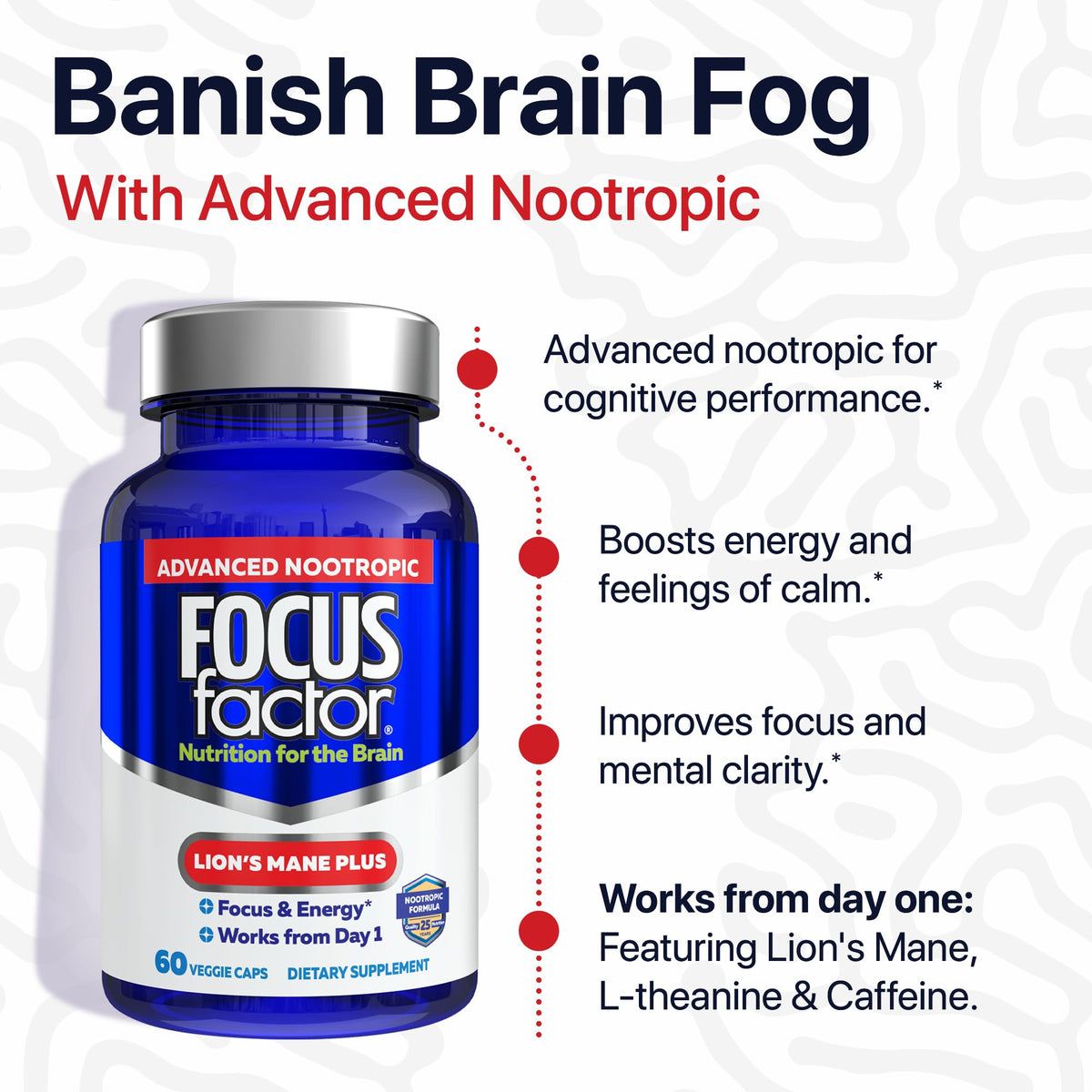 Focus Factor Lions Mane Plus, Advanced Nootropic with L-Theanine, Caffeine, Focus and Energy (60 Count) Focus FactorBuy Supplements Australia