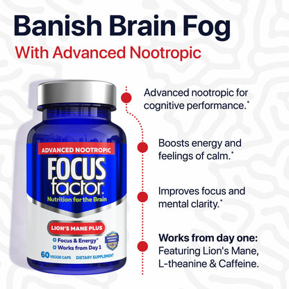Focus Factor Lions Mane Plus, Advanced Nootropic with L-Theanine, Caffeine, Focus and Energy (60 Count) Focus FactorBuy Supplements Australia