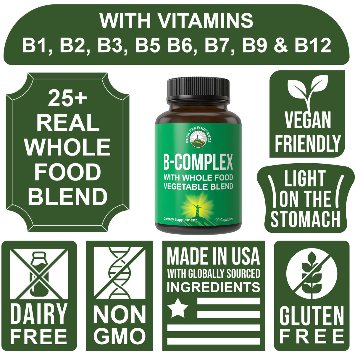 Vitamin B Complex Capsules + Whole Food Blend of 25 Vegetables and Fruits for Max Absorption. Best Vegan B-Complex Supplement with Vitamin B1, B2, B3, B5, B6, B7, B9 and B12. 90 Capsules. Energy Boost Peak PerformanceBuy Supplements Australia