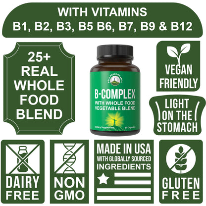Vitamin B Complex Capsules + Whole Food Blend of 25 Vegetables and Fruits for Max Absorption. Best Vegan B-Complex Supplement with Vitamin B1, B2, B3, B5, B6, B7, B9 and B12. 90 Capsules. Energy Boost Peak PerformanceBuy Supplements Australia