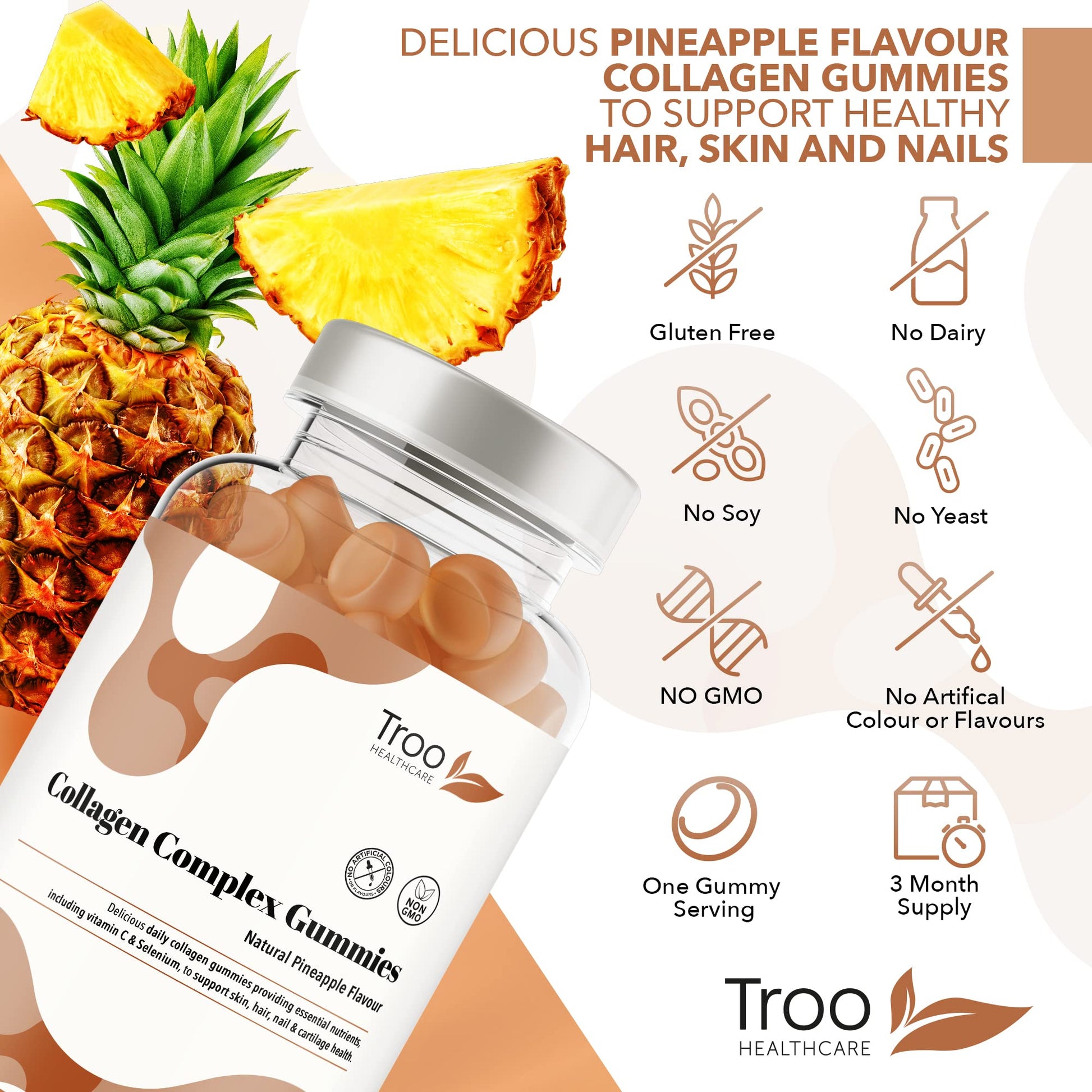 Hydrolysed Collagen Complex - 90 Natural Pineapple Flavour Chewable Gummies - One Per Day with Biotin, Vitamin C and Selenium Troo Health CareBuy Supplements Australia