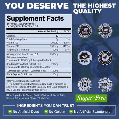 (2 Packs) Sugar Free Ashwagandha Filled Gummies w/Vitamin D3, Magnesium Glycinate, Rhodiola, Ultra Strength Ashwa Root Supplements for Women & Wen, for Relaxation, Energy, Cortisol Gummies TotariaBuy Supplements Australia