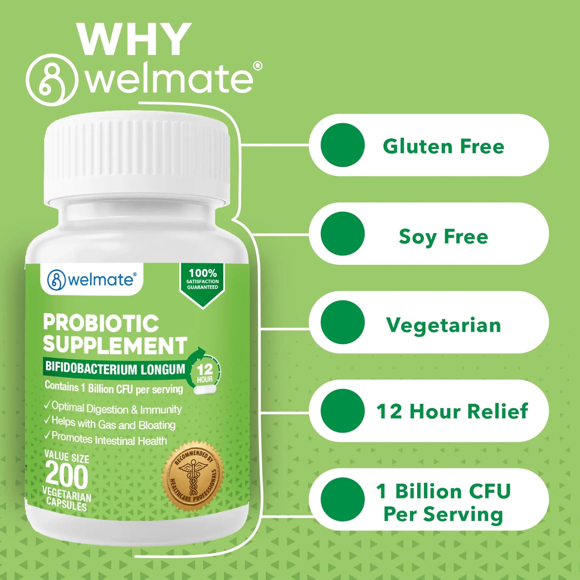 WELMATE Bifidobacterium - Probiotic Supplement - Supports Gut Health - Immune Support - Digestive Enzymes - Gluten Free - Vegan - Men & Womens Probiotic - Value Size - 200 Count WELMATE buy supplements Au