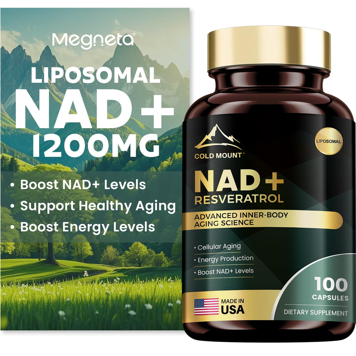 Supplement bottle labeled 'NAD+ Resveratrol' with scenic background