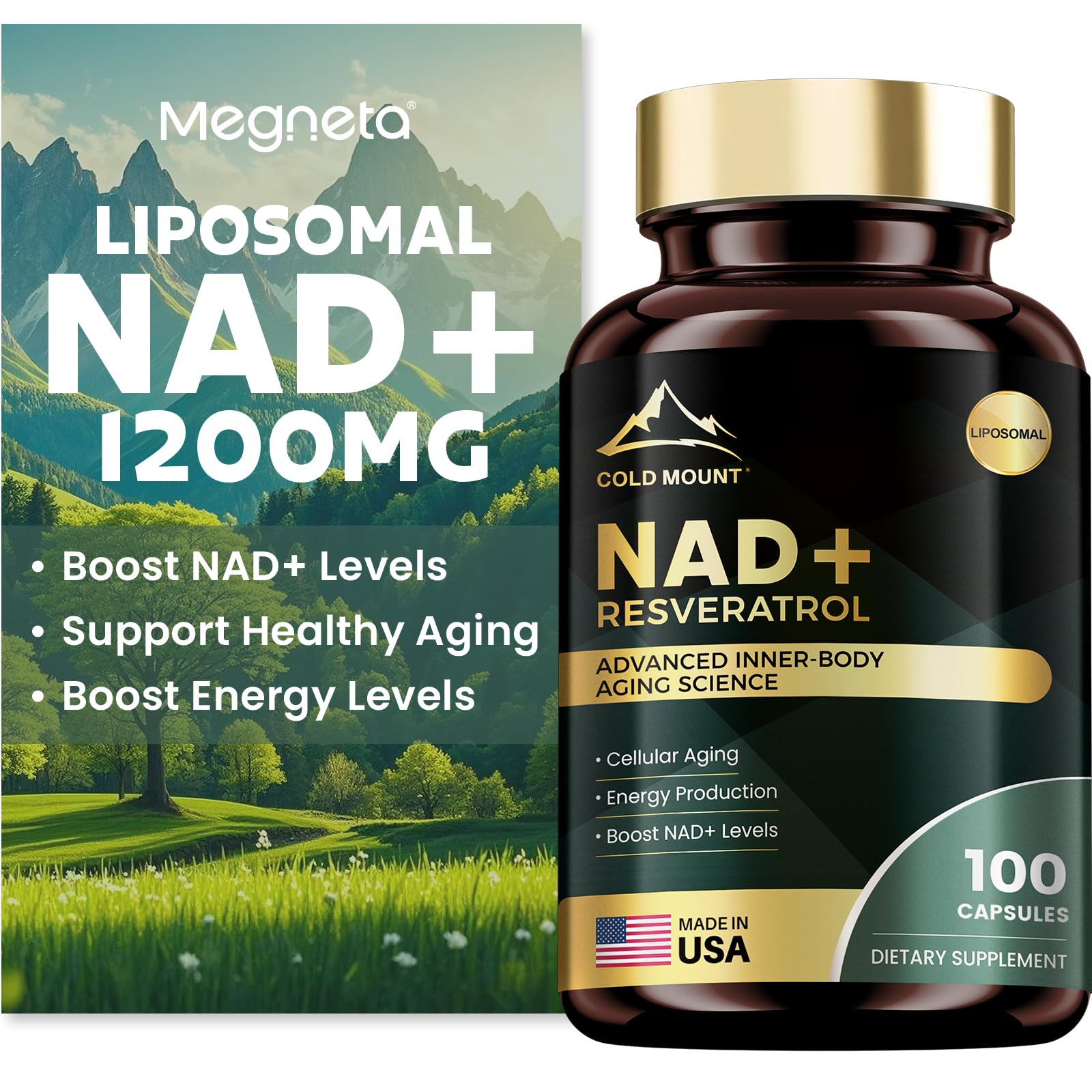 Supplement bottle labeled 'NAD+ Resveratrol' with scenic background