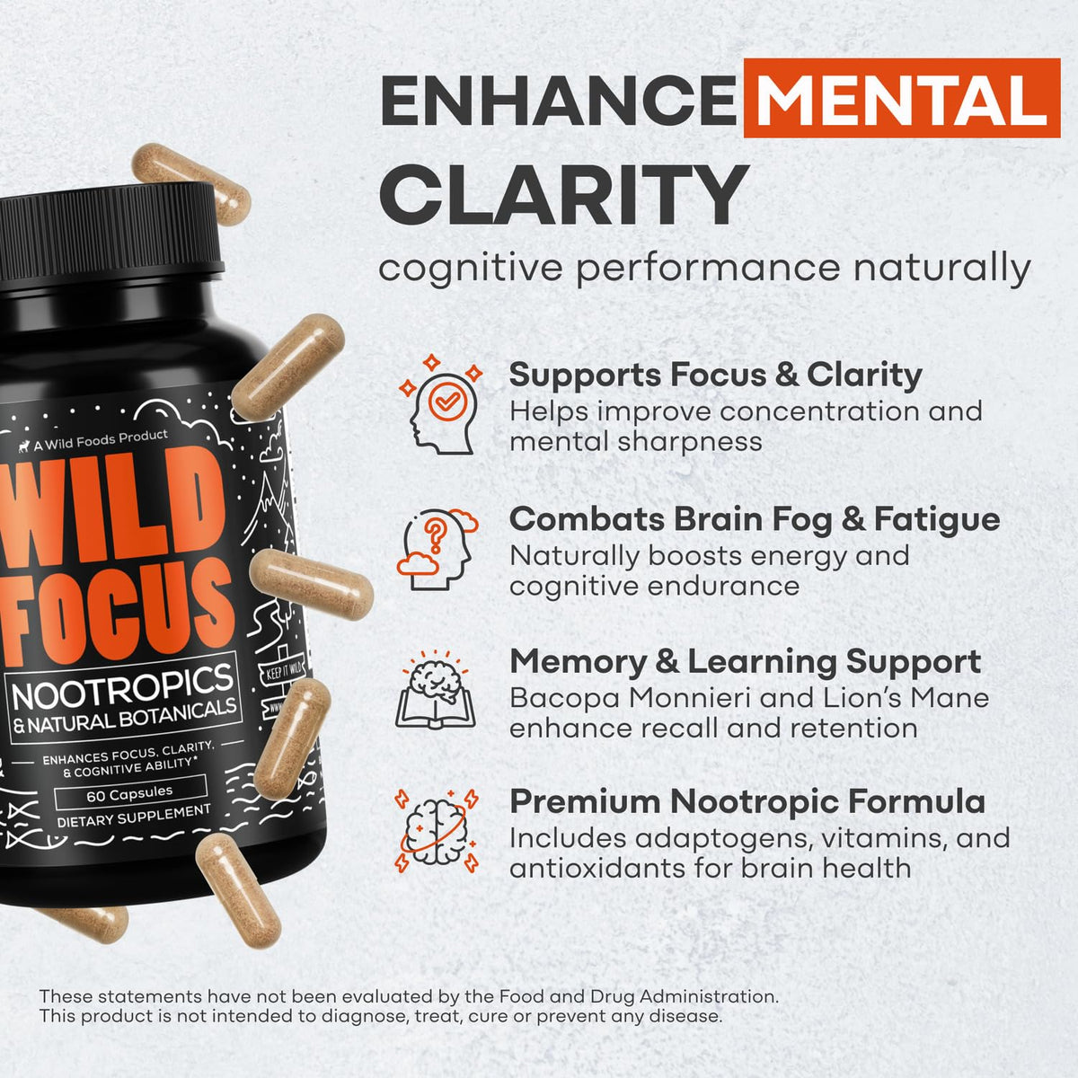 Wild Focus Brain Supplements | Caffeine-Free, Plant-Based Botanicals | Lions Mane, Ginkgo Biloba, Bacopa Monnieri, Lemon Balm | 100% Natural Nootropic | 60 caps Wild FoodsBuy Supplements Australia