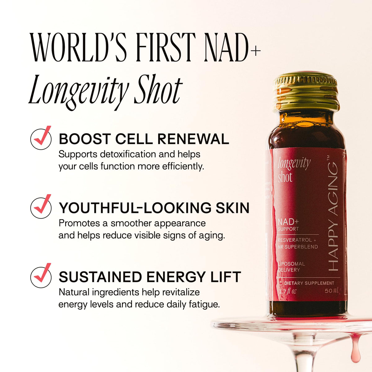 Happy Aging Liquid NAD+ Resveratrol Supplement, NMN Alternative, Liposomal Nicotinamide Riboside & Antioxidants for Energy Support, Brain Health, Firm Skin, Twice Weekly Use, 30 Shots Happy AgingBuy Supplements Australia